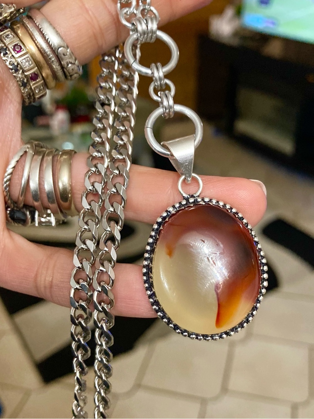 Agate gemstone maille lariat Y shape Cuban stainless steel boho necklace - Picture 14 of 16